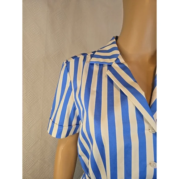 J Peterman Size 6 Blue White Striped Belted Shirt Dress Midi Pockets Classic - Picture 8 of 12
